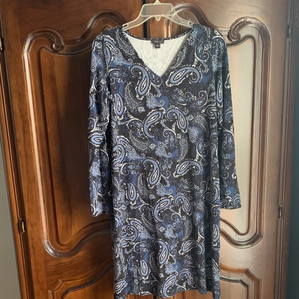 J. Jill Blue and Black Paisley Long Sleeve Dress
